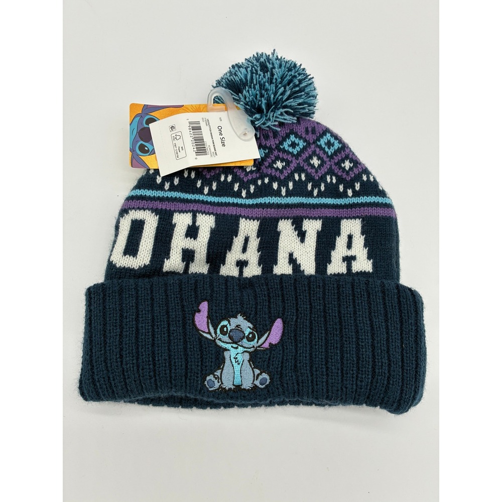 Disney Lilo & Stitch Ohana Fair Isle Pom Beanie Hat Navy Blue One Size NWT